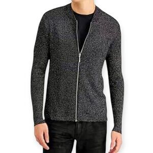 I.N.C. INTERNATIONAL CONCEPTS MENS BLACK & METALLIC SILVER ZIP FRONT SWEATER SZ.